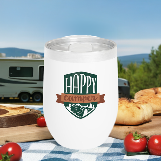 12oz Wine Tumbler - Happy Camper - Vacuum-Insulated Hot/Cold