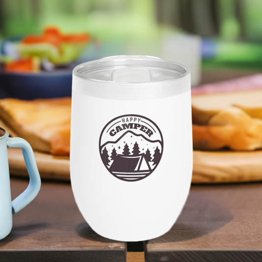 12oz Wine Tumbler - Happy Camper - Vacuum-Insulated Hot/Cold - Camping/RV Life