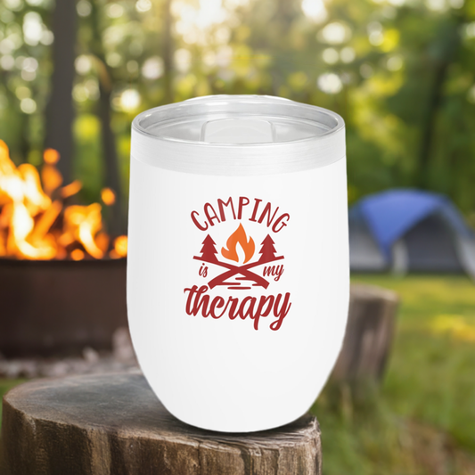 12oz Wine Tumbler - Camping is My Therapy - Vacuum-Insulated Hot/Cold - Camping/RV Life