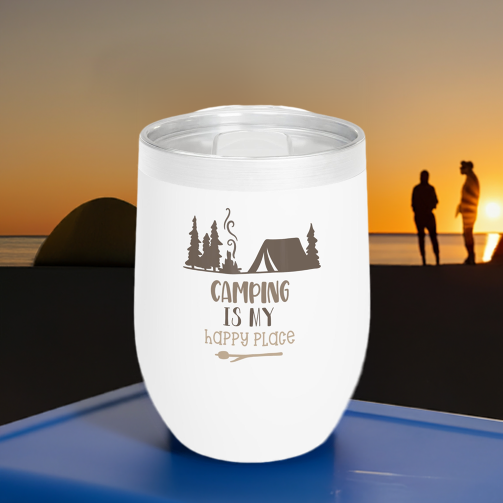 12oz Wine Tumbler - Camping Is My Happy Place - Vacuum-Insulated Hot/Cold - Camping/RV Life