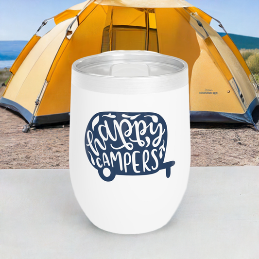 12oz Wine Tumbler - Happy Campers - Vacuum-Insulated Hot/Cold - RV Life