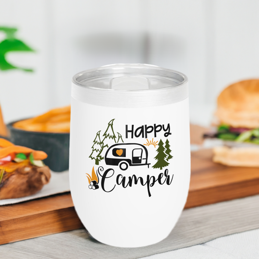 12oz Wine Tumbler - Happy Camper - Vacuum-Insulated Hot/Cold - Camping/RV Life