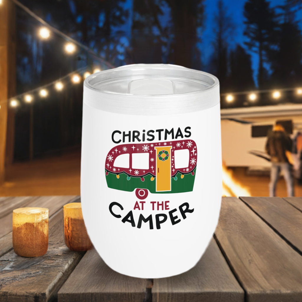 12oz Wine Tumbler - Christmas At The Camper - Vacuum-Insulated Hot/Cold - Camping/RV Life