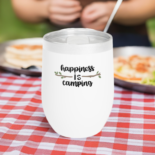 12oz Wine Tumbler - Happiness is Camping - Vacuum-Insulated Hot/Cold - Camping/RV Life